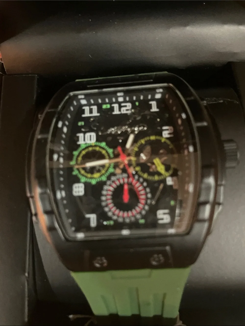 Ed Hardy Black Case Watch with Green Strap and Multi‑Accent Dial
